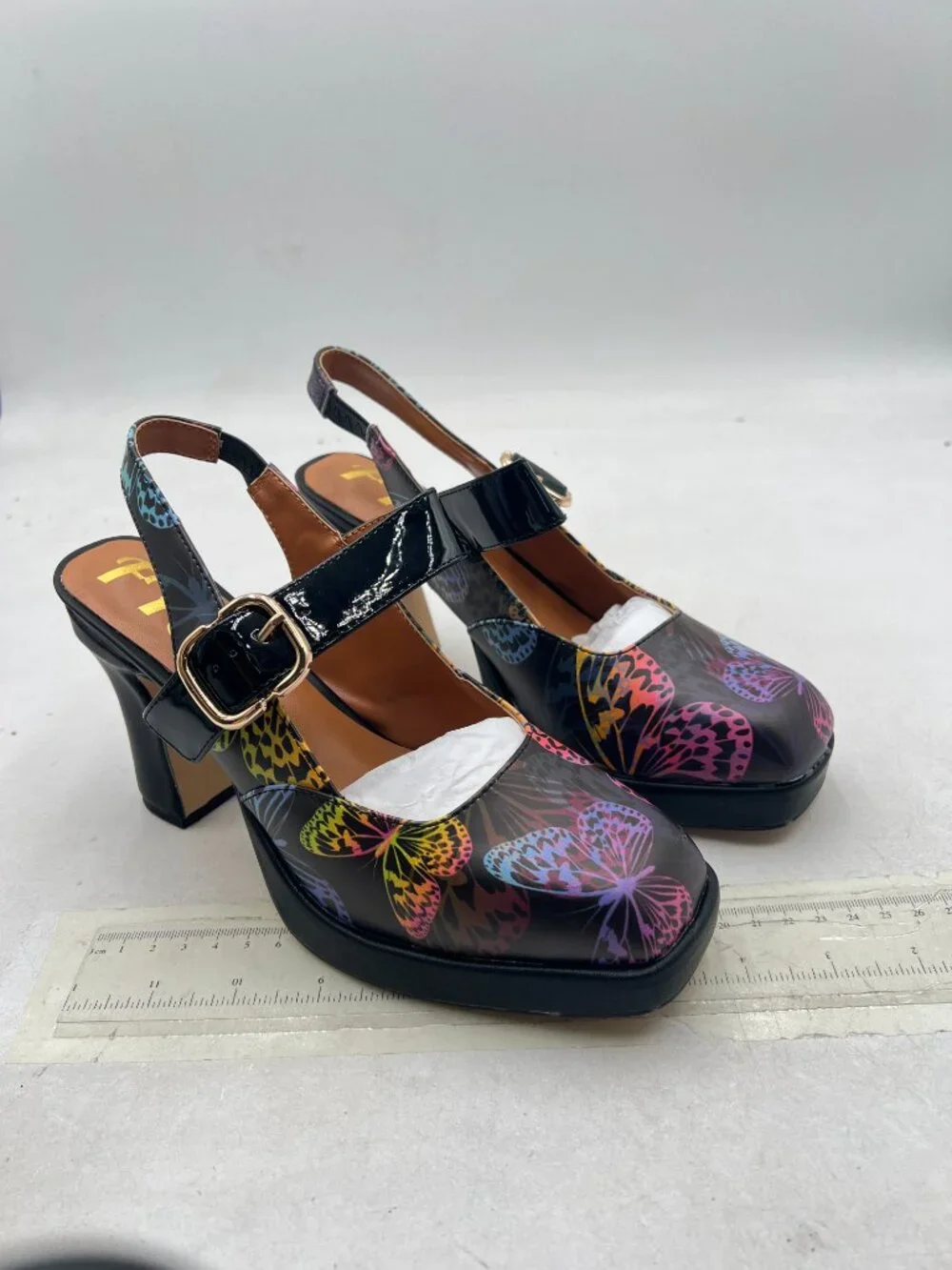 FYS Black Butterfly Platform Square Toe Pumps Chunky High Heel Mary Janes Shoes